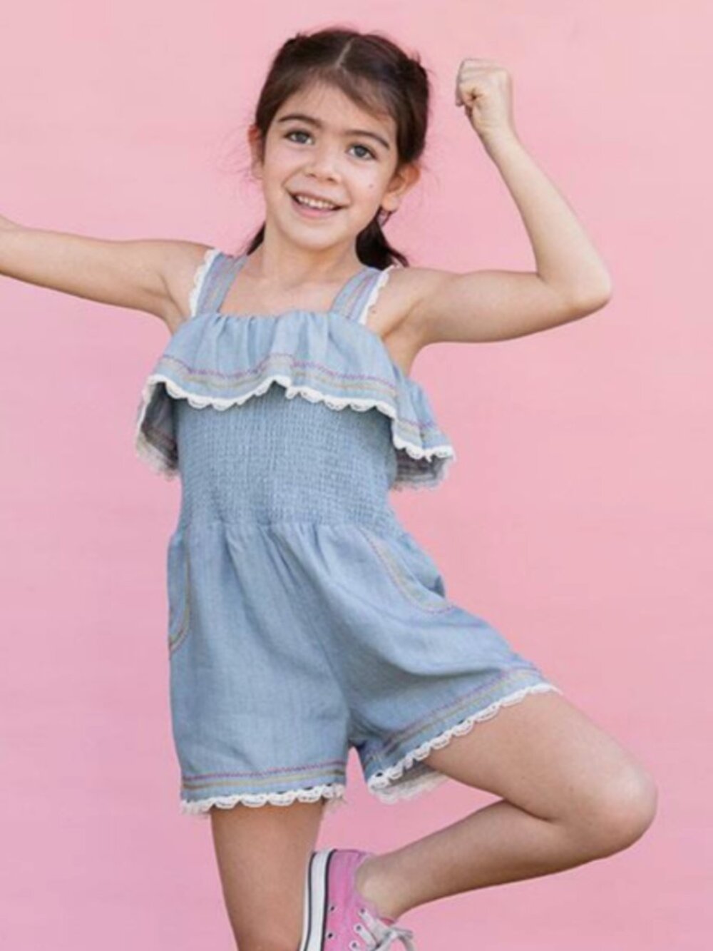 Matilda Jane Dream Chasers Picnic in the Park denim ruffle romper